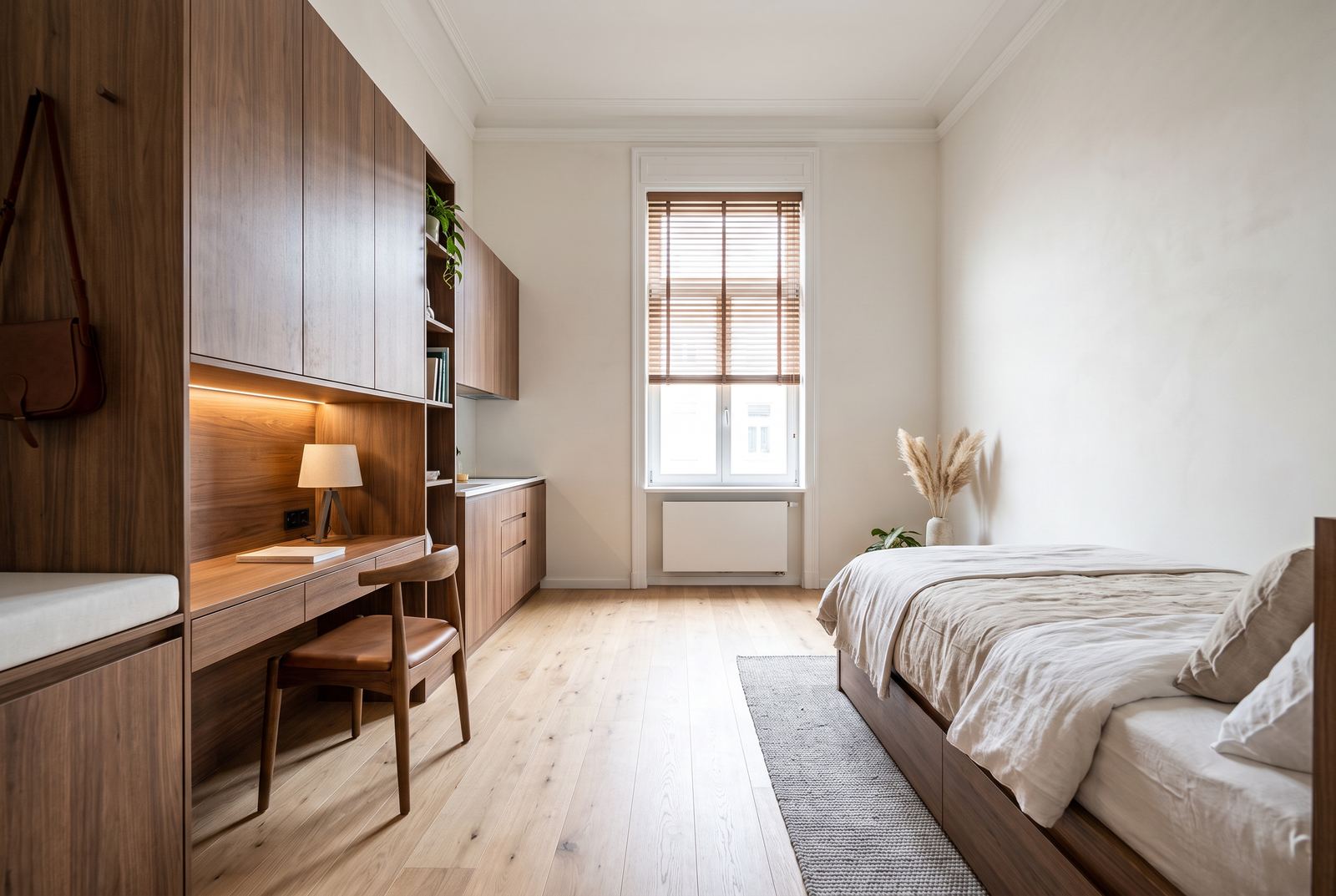 Visualisierung desselben Raums als möbliertes Apartment mit Holzeinbauten, Schreibtisch und Bett