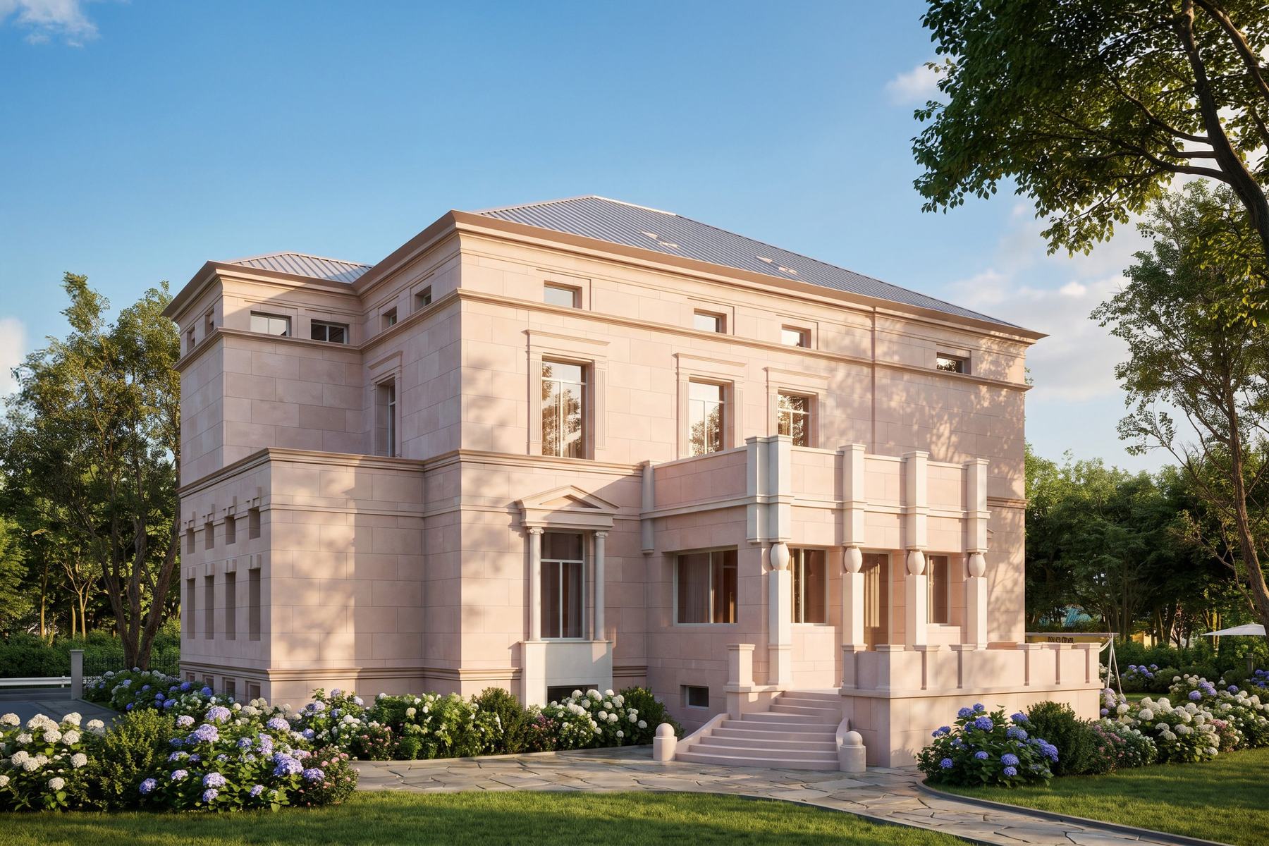Die sanierte Villa Soennecken mit Sandsteinfassade, Säulenvorbau und Terrasse im Park, Visualisierung